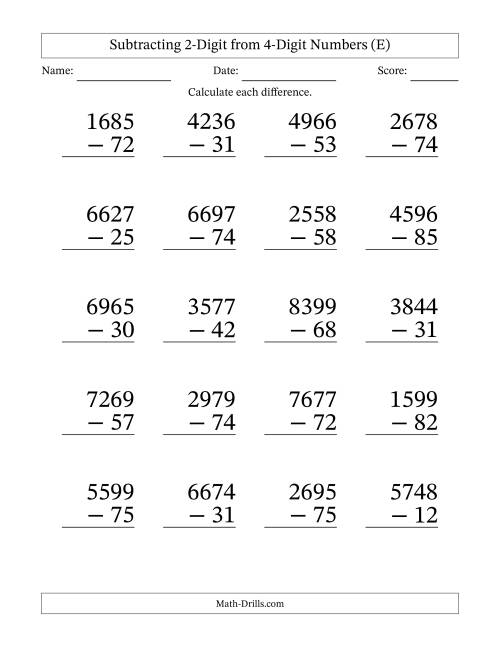 The Subtracting 2-Digit from 4-Digit Numbers With No Regrouping (20 Questions) Large Print (E) Math Worksheet