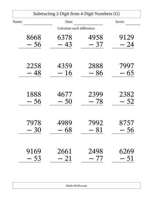 The Subtracting 2-Digit from 4-Digit Numbers With No Regrouping (20 Questions) Large Print (G) Math Worksheet