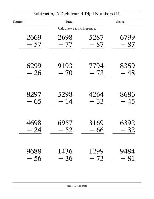 The Subtracting 2-Digit from 4-Digit Numbers With No Regrouping (20 Questions) Large Print (H) Math Worksheet