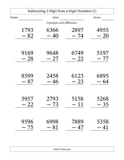 The Subtracting 2-Digit from 4-Digit Numbers With No Regrouping (20 Questions) Large Print (I) Math Worksheet