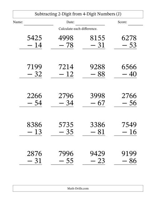 The Subtracting 2-Digit from 4-Digit Numbers With No Regrouping (20 Questions) Large Print (J) Math Worksheet
