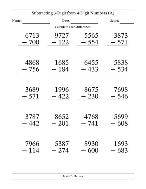 The Large Print 4-Digit Minus 3-Digit Subtraction with NO Regrouping (A) Math Worksheet