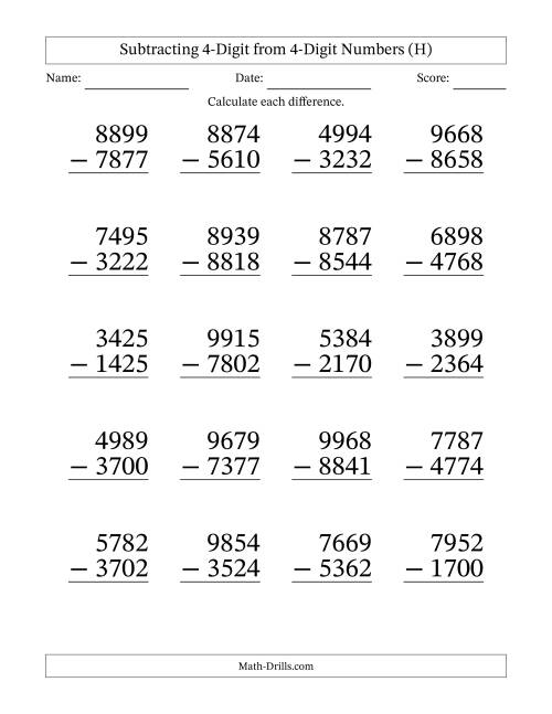 The Subtracting 4-Digit from 4-Digit Numbers With No Regrouping (20 Questions) Large Print (H) Math Worksheet
