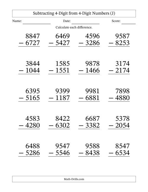 The Subtracting 4-Digit from 4-Digit Numbers With No Regrouping (20 Questions) Large Print (J) Math Worksheet