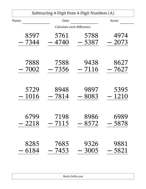 The Subtracting 4-Digit from 4-Digit Numbers With No Regrouping (20 Questions) Large Print (All) Math Worksheet