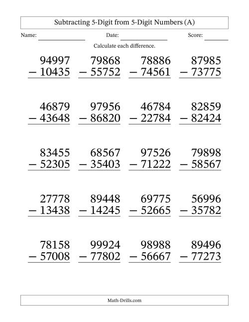 The Large Print 5-Digit Minus 5-Digit Subtraction with NO Regrouping (A) Math Worksheet