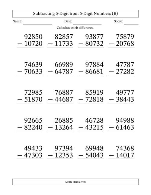 The Large Print 5-Digit Minus 5-Digit Subtraction with NO Regrouping (B) Math Worksheet