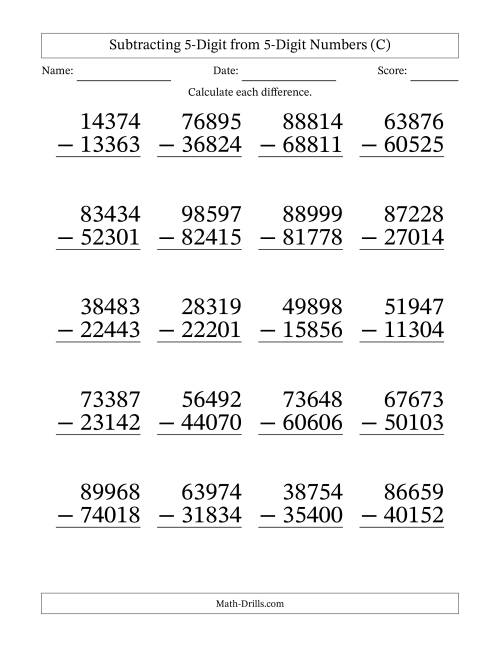 The Large Print 5-Digit Minus 5-Digit Subtraction with NO Regrouping (C) Math Worksheet