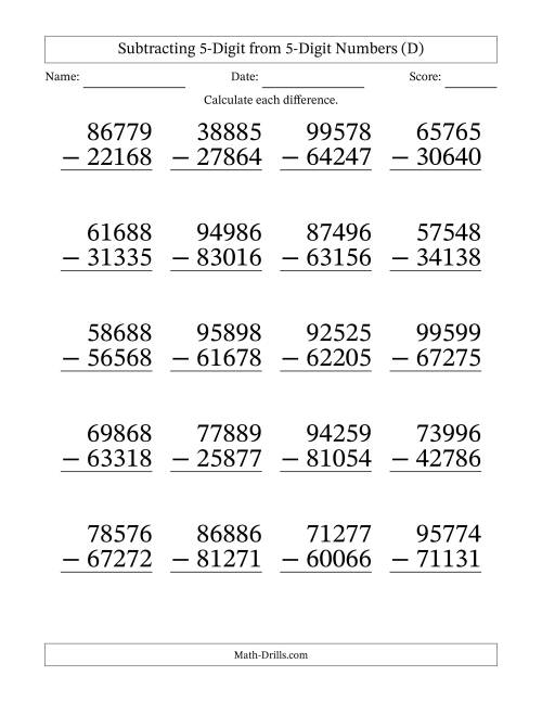 The Large Print 5-Digit Minus 5-Digit Subtraction with NO Regrouping (D) Math Worksheet
