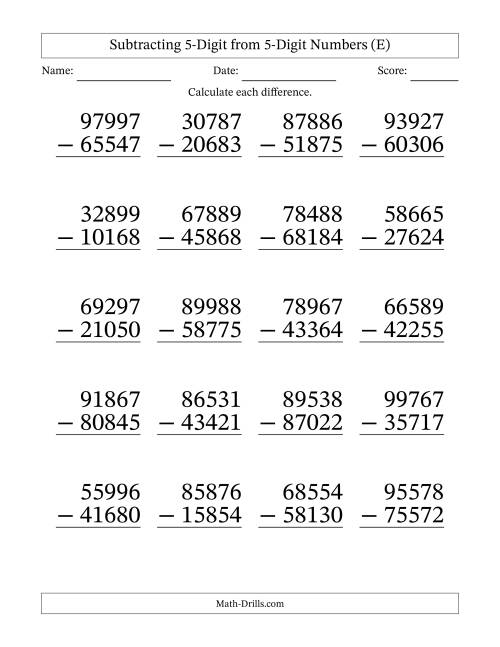 The Subtracting 5-Digit from 5-Digit Numbers With No Regrouping (20 Questions) Large Print (E) Math Worksheet