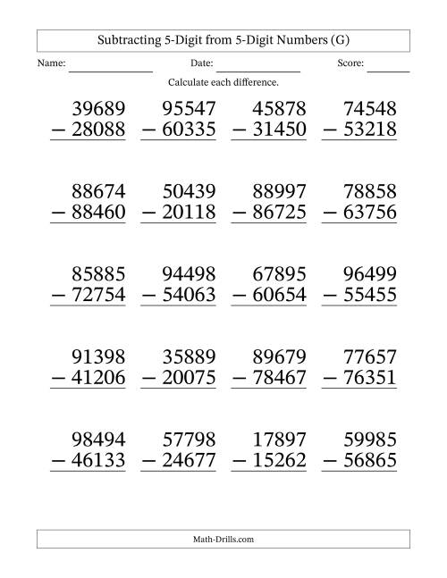 The Large Print 5-Digit Minus 5-Digit Subtraction with NO Regrouping (G) Math Worksheet