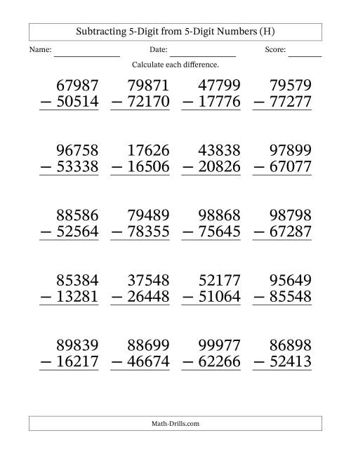 The Large Print 5-Digit Minus 5-Digit Subtraction with NO Regrouping (H) Math Worksheet