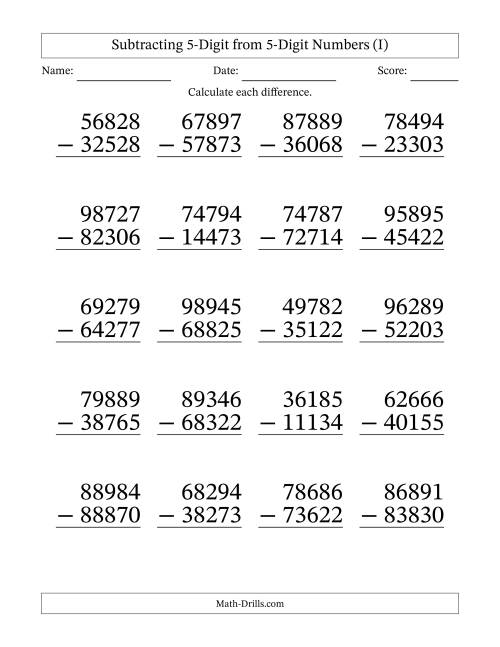 The Large Print 5-Digit Minus 5-Digit Subtraction with NO Regrouping (I) Math Worksheet