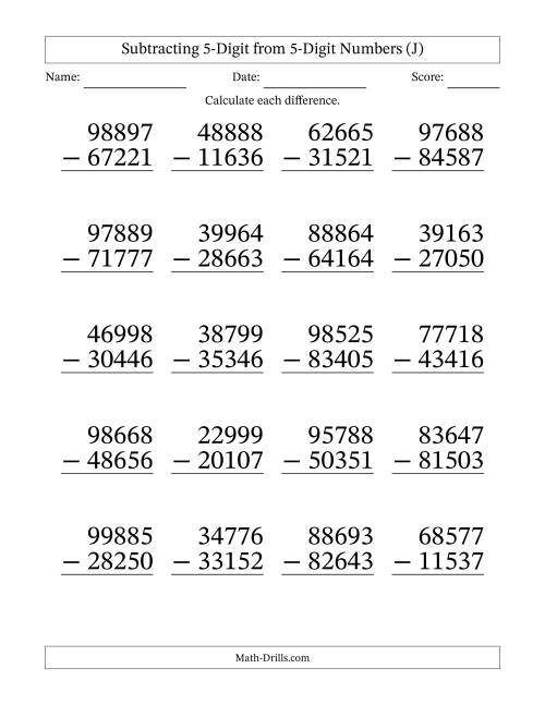 The Subtracting 5-Digit from 5-Digit Numbers With No Regrouping (20 Questions) Large Print (J) Math Worksheet