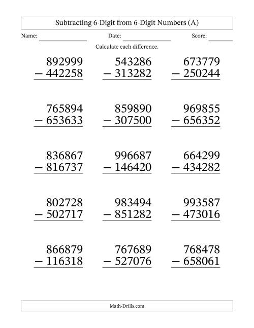 Large Print 6 Digit Minus 6 Digit Subtraction With NO Regrouping A 