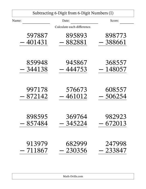 The Large Print 6-Digit Minus 6-Digit Subtraction with NO Regrouping (I) Math Worksheet