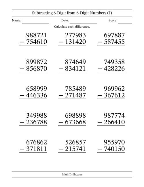 The Large Print 6-Digit Minus 6-Digit Subtraction with NO Regrouping (J) Math Worksheet
