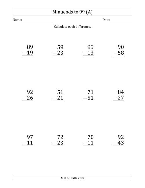 The Large Print Subtracting 2-Digit Numbers with Minuends up to 99 (12 Questions) (A) Math Worksheet