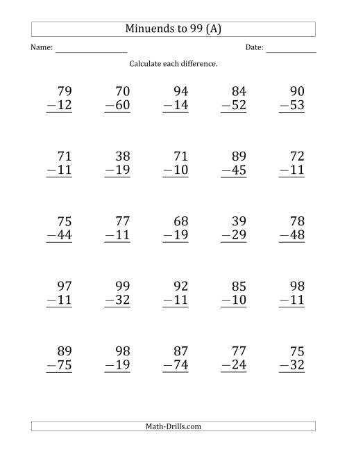 The Large Print Subtracting 2-Digit Numbers with Minuends up to 99 (25 Questions) (A) Math Worksheet