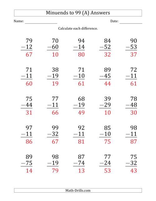 The Large Print Subtracting 2-Digit Numbers with Minuends up to 99 (25 Questions) (A) Math Worksheet Page 2