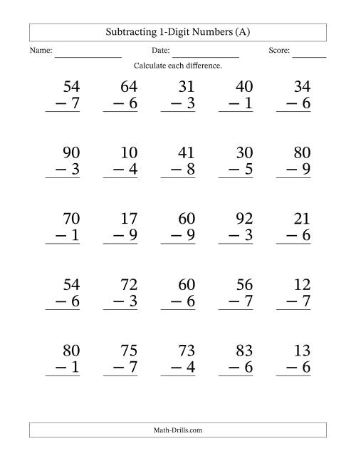 The Large Print Subtracting 1-Digit Numbers with All Regrouping (A) Math Worksheet
