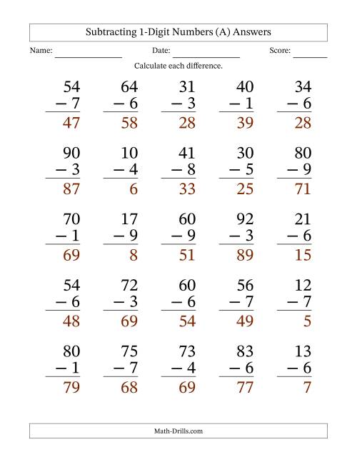 The Subtracting 1-Digit Numbers With All Regrouping (25 Questions) Large Print (A) Math Worksheet Page 2
