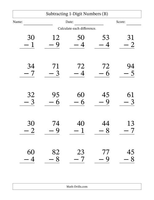 The Subtracting 1-Digit Numbers With All Regrouping (25 Questions) Large Print (B) Math Worksheet