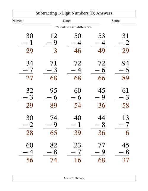 The Subtracting 1-Digit Numbers With All Regrouping (25 Questions) Large Print (B) Math Worksheet Page 2