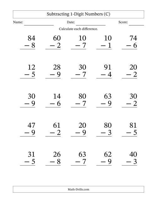 The Subtracting 1-Digit Numbers With All Regrouping (25 Questions) Large Print (C) Math Worksheet