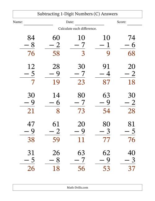 The Subtracting 1-Digit Numbers With All Regrouping (25 Questions) Large Print (C) Math Worksheet Page 2