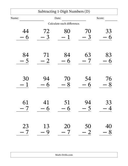 The Subtracting 1-Digit Numbers With All Regrouping (25 Questions) Large Print (D) Math Worksheet