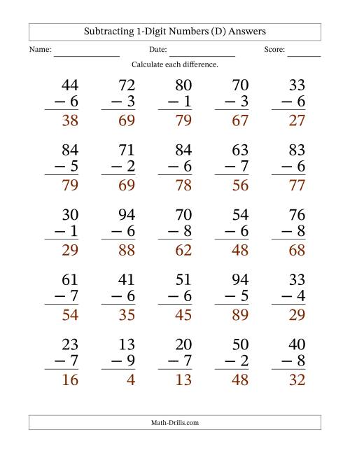 The Subtracting 1-Digit Numbers With All Regrouping (25 Questions) Large Print (D) Math Worksheet Page 2