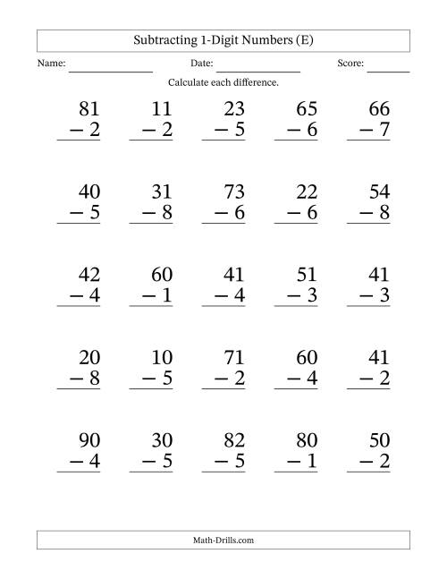 The Subtracting 1-Digit Numbers With All Regrouping (25 Questions) Large Print (E) Math Worksheet