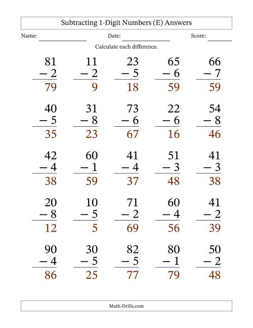 The Subtracting 1-Digit Numbers With All Regrouping (25 Questions) Large Print (E) Math Worksheet Page 2