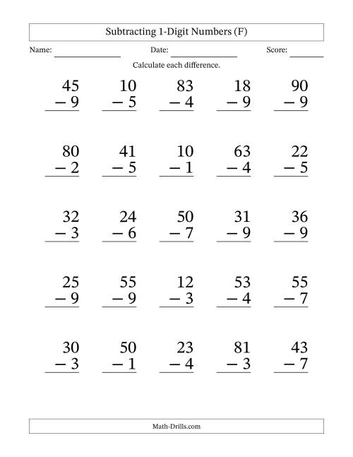 The Subtracting 1-Digit Numbers With All Regrouping (25 Questions) Large Print (F) Math Worksheet