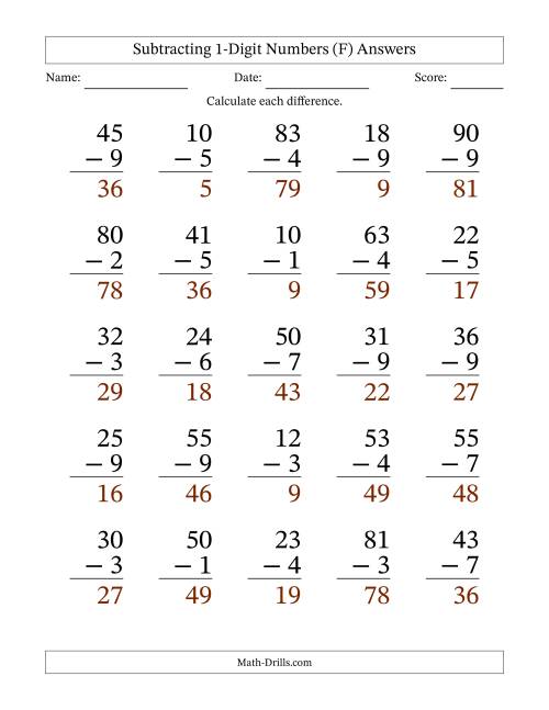 The Subtracting 1-Digit Numbers With All Regrouping (25 Questions) Large Print (F) Math Worksheet Page 2
