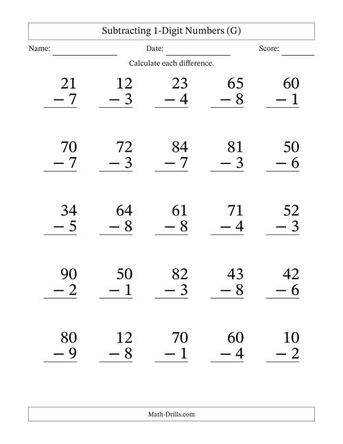 The Subtracting 1-Digit Numbers With All Regrouping (25 Questions) Large Print (G) Math Worksheet
