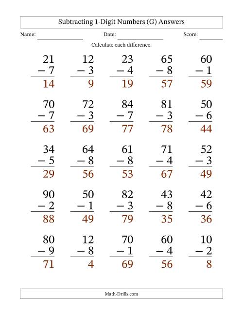 The Subtracting 1-Digit Numbers With All Regrouping (25 Questions) Large Print (G) Math Worksheet Page 2