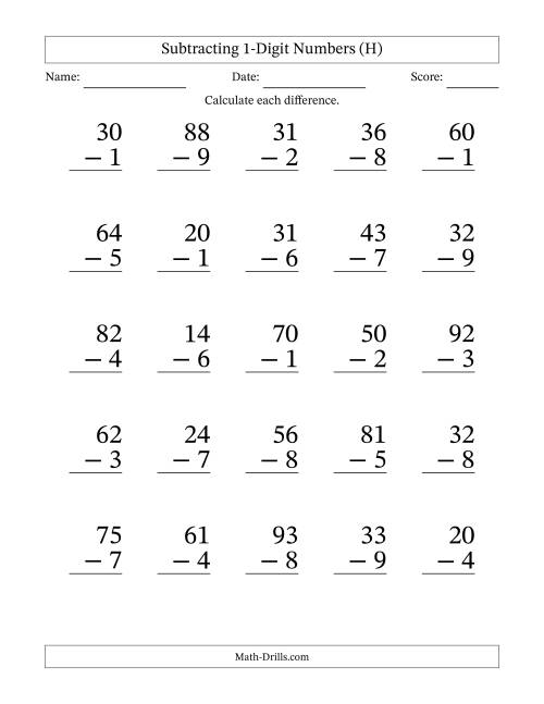 The Subtracting 1-Digit Numbers With All Regrouping (25 Questions) Large Print (H) Math Worksheet