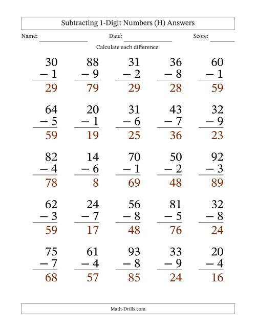 The Subtracting 1-Digit Numbers With All Regrouping (25 Questions) Large Print (H) Math Worksheet Page 2