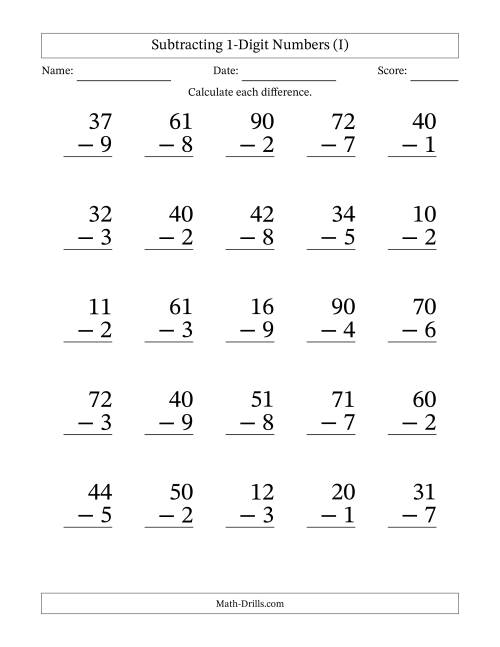 The Subtracting 1-Digit Numbers With All Regrouping (25 Questions) Large Print (I) Math Worksheet