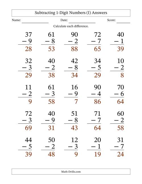 The Subtracting 1-Digit Numbers With All Regrouping (25 Questions) Large Print (I) Math Worksheet Page 2