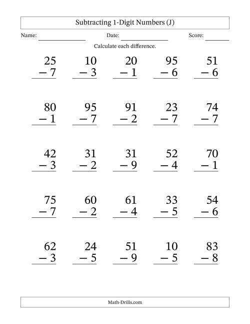 The Subtracting 1-Digit Numbers With All Regrouping (25 Questions) Large Print (J) Math Worksheet