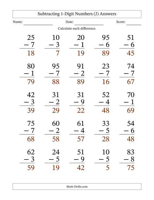 The Subtracting 1-Digit Numbers With All Regrouping (25 Questions) Large Print (J) Math Worksheet Page 2
