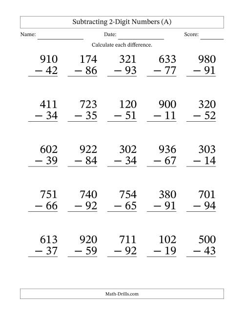 The Large Print Subtracting 2-Digit Numbers with All Regrouping (A) Math Worksheet