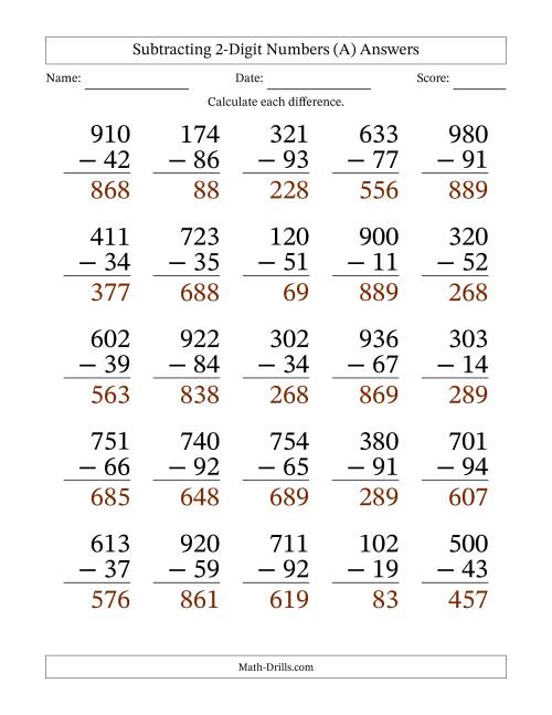 The Large Print Subtracting 2-Digit Numbers with All Regrouping (A) Math Worksheet Page 2