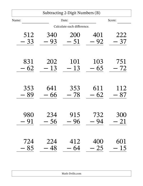 The Subtracting 2-Digit Numbers With All Regrouping (25 Questions) Large Print (B) Math Worksheet