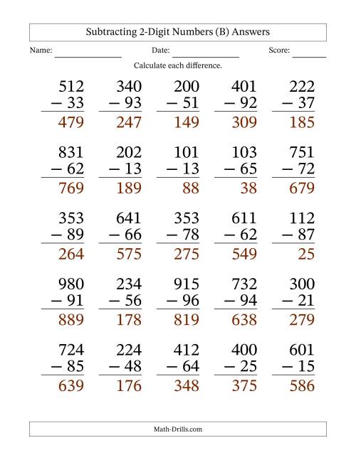 The Subtracting 2-Digit Numbers With All Regrouping (25 Questions) Large Print (B) Math Worksheet Page 2