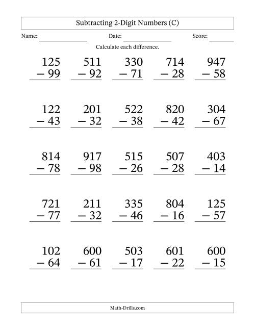 The Subtracting 2-Digit Numbers With All Regrouping (25 Questions) Large Print (C) Math Worksheet