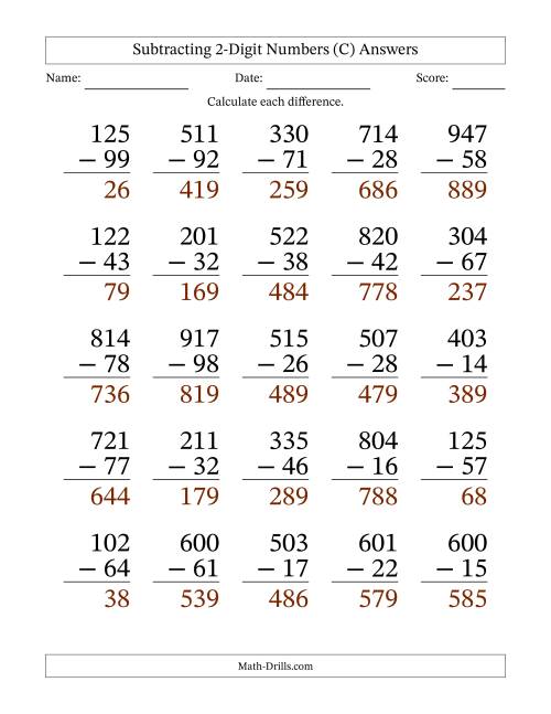 The Subtracting 2-Digit Numbers With All Regrouping (25 Questions) Large Print (C) Math Worksheet Page 2
